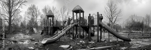 Rust and decay on a once vibrant playground set now forgotten and overgrown. Black and white art photo