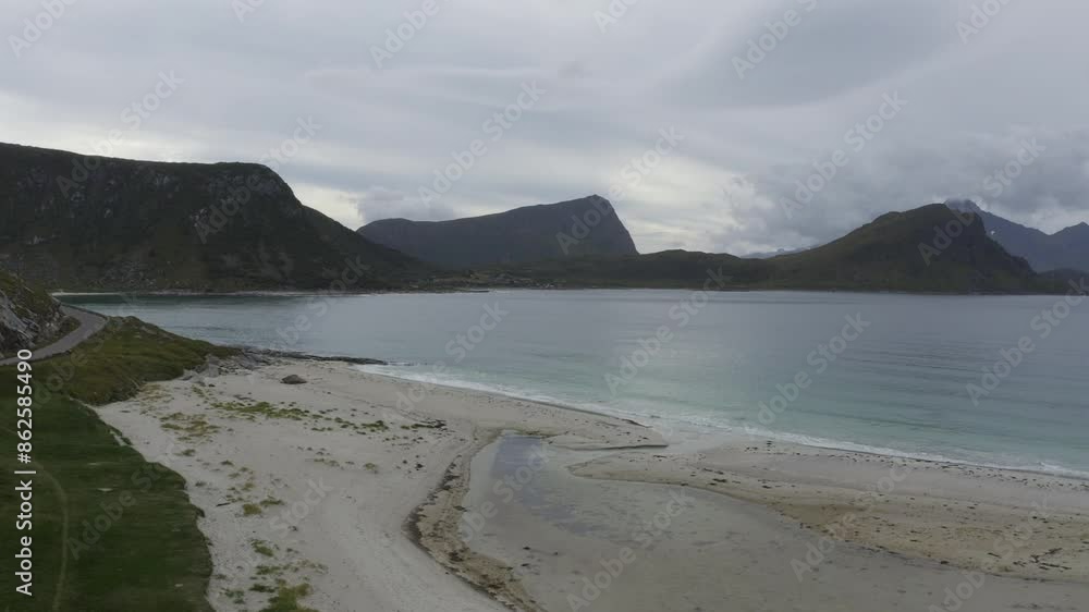 Panning aerial shot of Haukland Beach in Lofoten, Norway. Panning aerial shot of Haukland Beach in Lofoten, Norway.