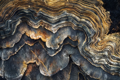 Close-up view of a tree's growth rings with a rich texture and natural patterns. © Larisa