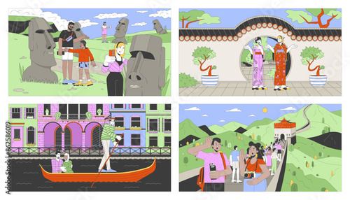 Landmarks sightseeing cartoon flat illustrations set. Foreign tourists multinational people 2D line characters colorful backgrounds collection. Tours and attractions scenes vector storytelling images