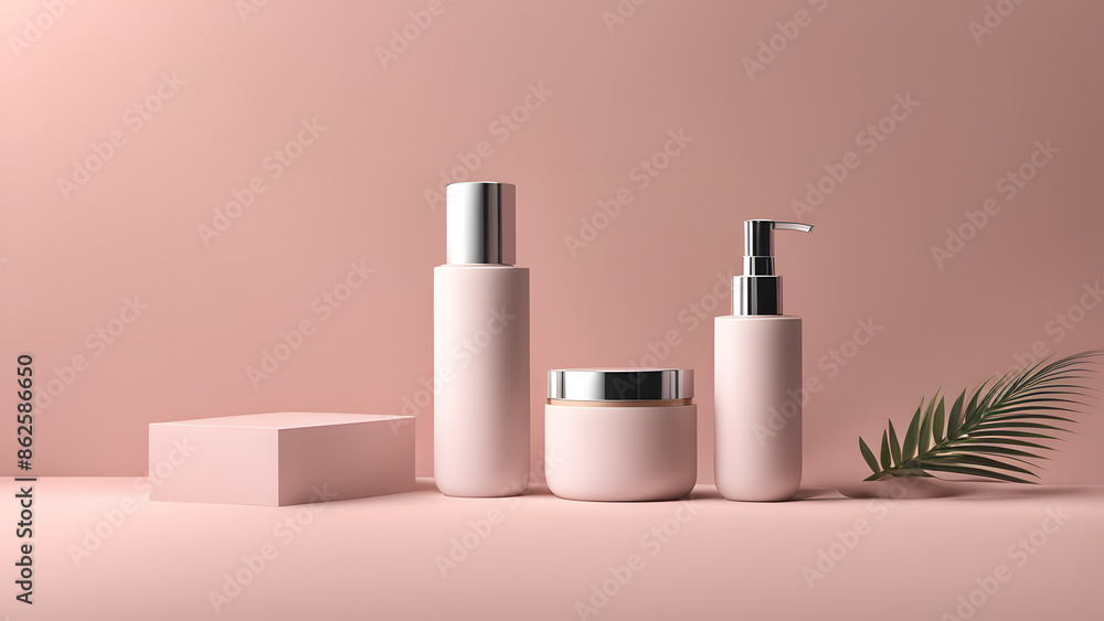 A set of four beauty products are displayed on a pink background A set of four beauty products are displayed on a pink background