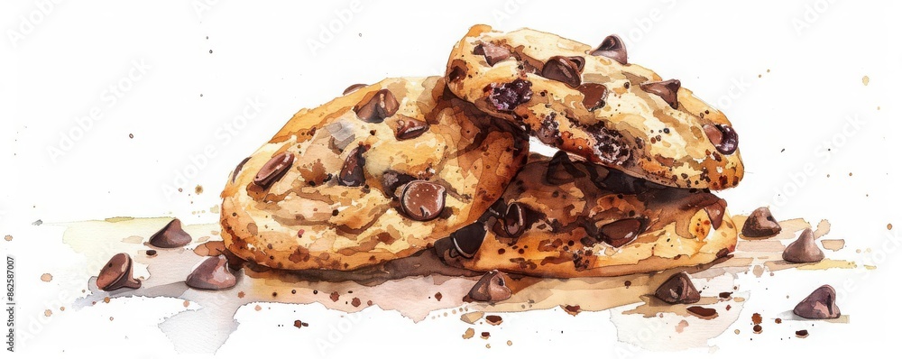 Chocolate chip cookies illustrated with a soft watercolor technique ...