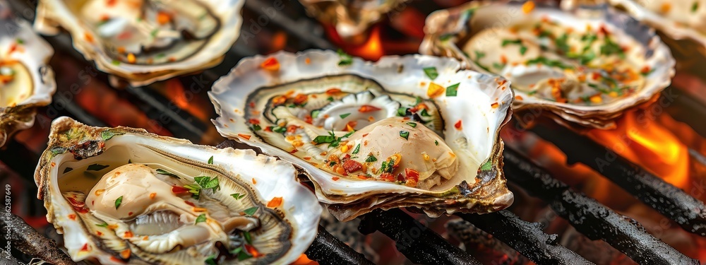 close up of grilled oysters. Selective focus