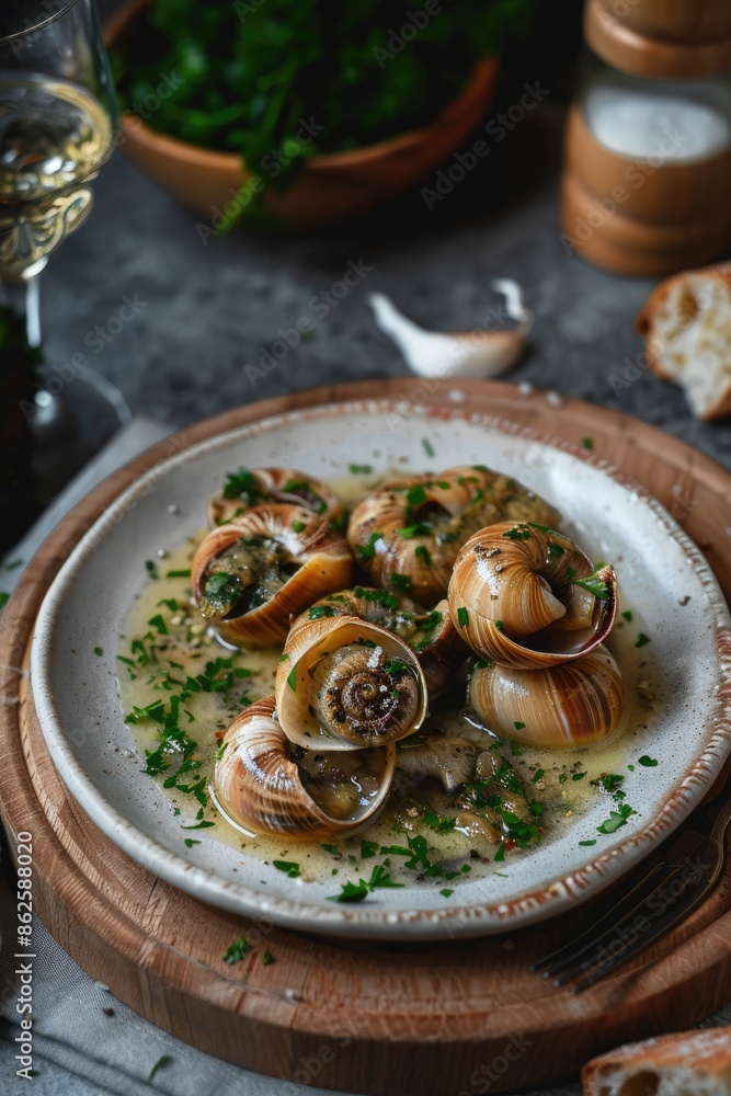 close-up of a dish of snails and greens. Selective focus close-up of a dish of snails and greens. Selective focus