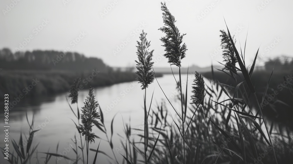 Serene Monochrome Landscape: River View with Floral Patterns in Soft Natural Light Serene Monochrome Landscape: River View with Floral Patterns in Soft Natural Light