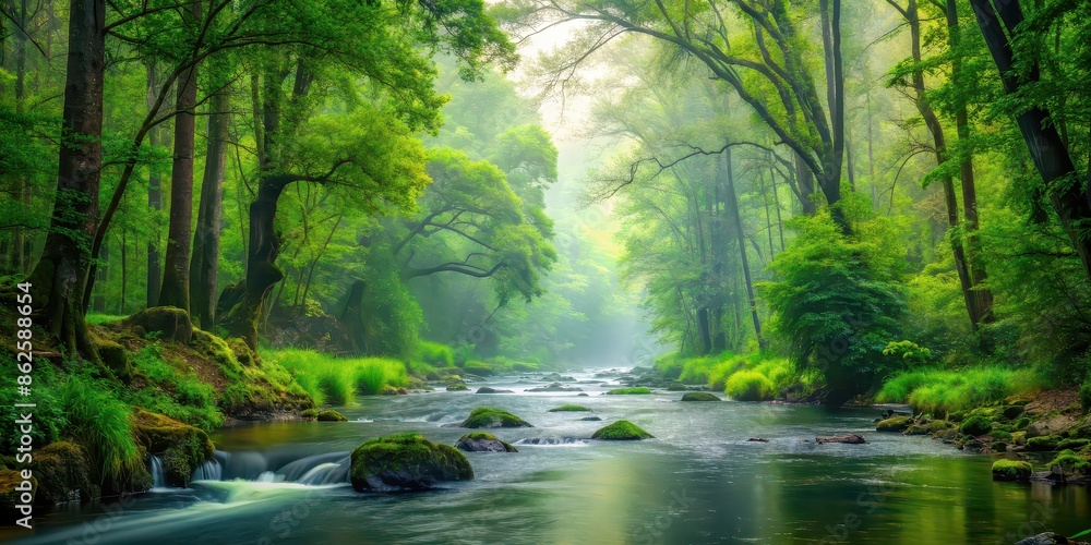 Lush forest river on misty day with meandering watercourse, verdant, watercourse, meanders, forest, misty, fluvial, landforms Lush forest river on misty day with meandering watercourse, verdant, watercourse, meanders, forest, misty, fluvial, landforms