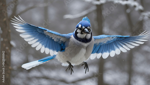 A blue jay with its wings spread wide is flying 
