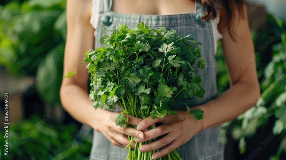 close-up of a woman holding coriander in her hands. Selective focus close-up of a woman holding coriander in her hands. Selective focus