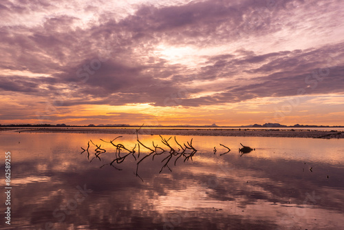Background image of the colorful seascape in summer time. Beautiful sunrise sky over the surface water in the morning with filter. copy space. Fossil Shell Beach, Krabi, South of Thailand.