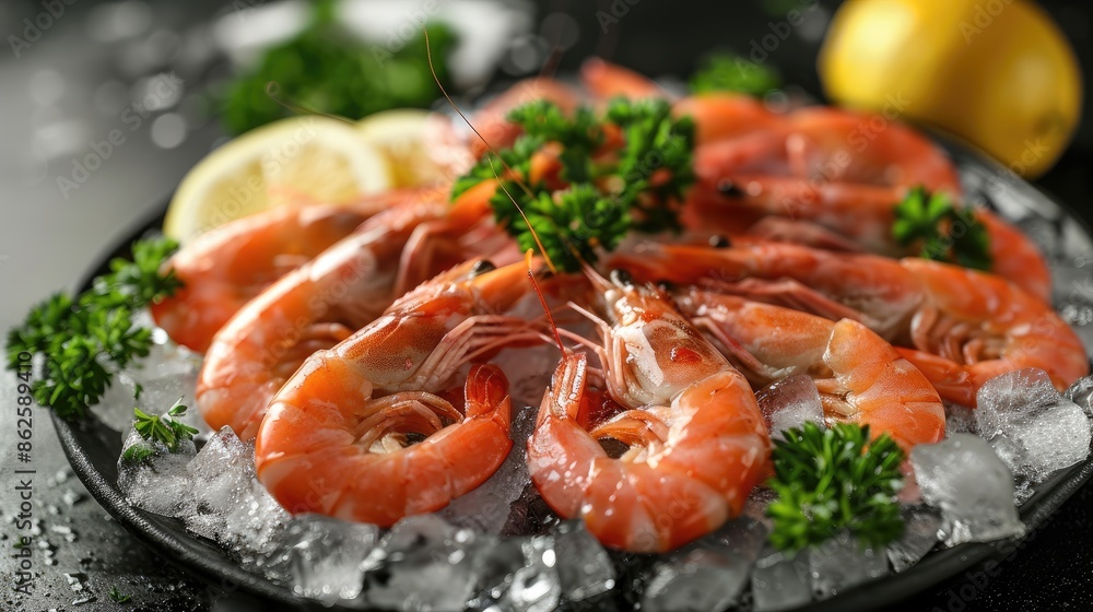 close up shrimp ice and lemon. Selective focus close up shrimp ice and lemon. Selective focus