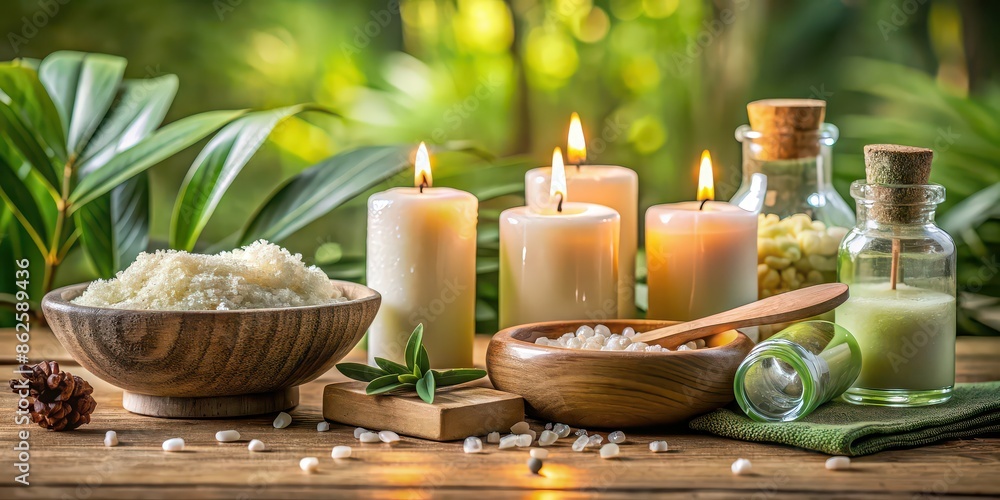 Tranquil spa setting with a variety of accessories, candles, essential oils, and bath salts, spa, relaxation Tranquil spa setting with a variety of accessories, candles, essential oils, and bath salts, spa, relaxation