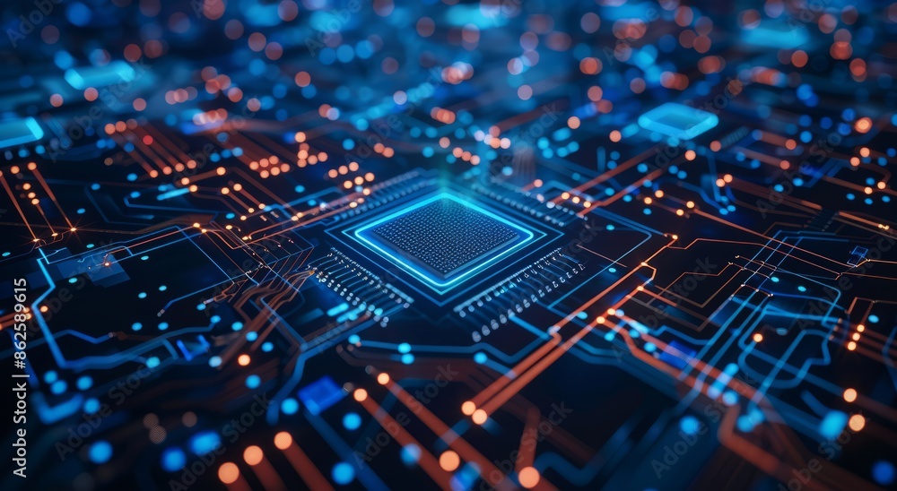 Computer chip on motherboard in cityscape, surrounded by engineering marvels Computer chip on motherboard in cityscape, surrounded by engineering marvels
