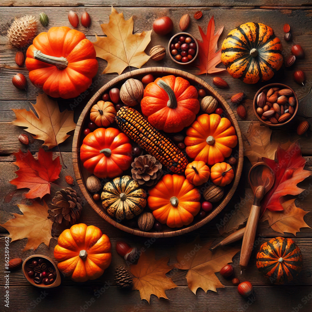 Pumpkins and autumn leaves on wooden table. Happy Thanksgiving Day greeting card template. Flat lay, top view, copy space Pumpkins and autumn leaves on wooden table. Happy Thanksgiving Day greeting card template. Flat lay, top view, copy space