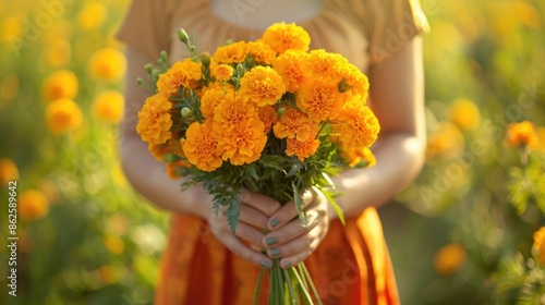 Wallpaper Mural close-up of a woman holding marigold flowers in her hands. Selective focus Torontodigital.ca