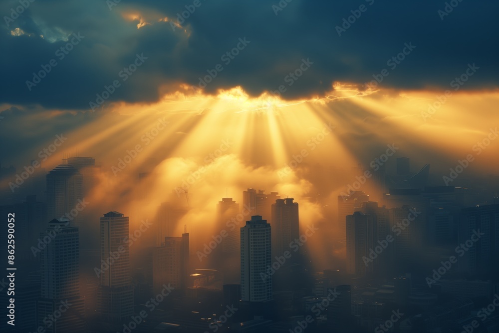 Obraz premium The sun is shining through the clouds, casting a warm glow on the city below