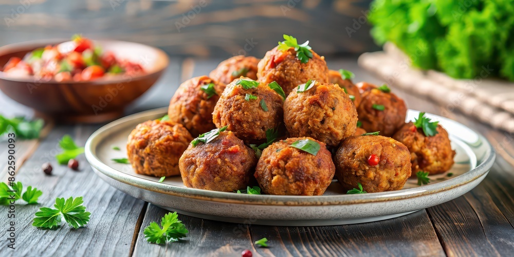 Vegan meatballs made with meat substitute displayed on a plate , plant-based, vegetarian, alternative protein, healthy Vegan meatballs made with meat substitute displayed on a plate , plant-based, vegetarian, alternative protein, healthy