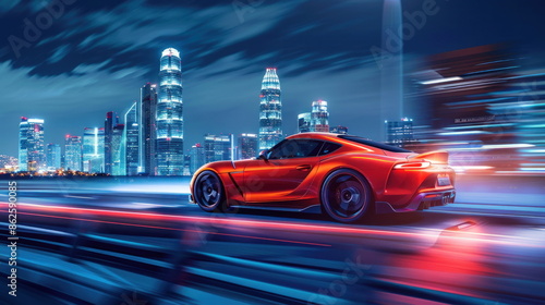 ev car run on the road with city background