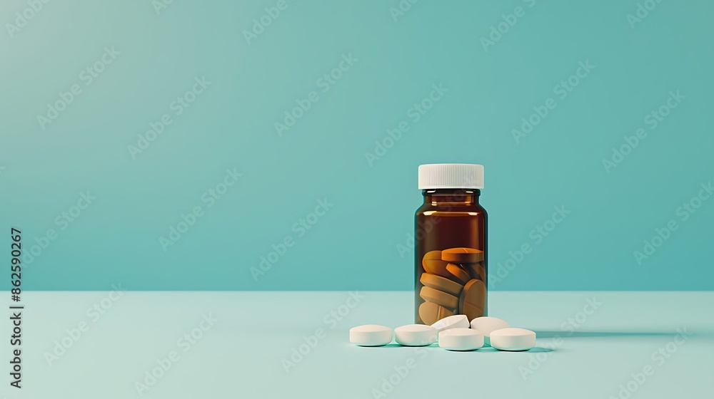 Tablets and a bottle for medicines on a blue background Tablets and a bottle for medicines on a blue background