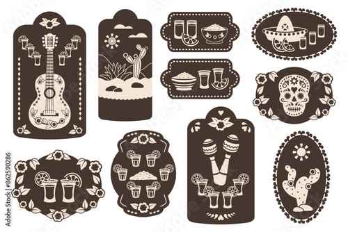 Set of Tequila sticker isolated on white background. Vertical oval Vintage labels with Mexican national elements. Tequila shots. Maracas, guitar, skull, glasses, cactus, hat. Vector illustration
