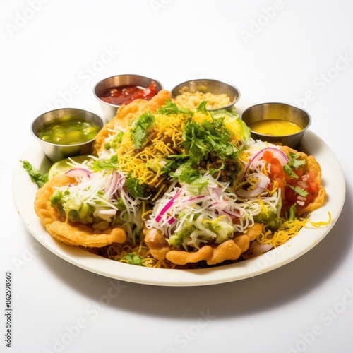 Sev Puri, A Popular Street Food From India, Served With Chutneys photo