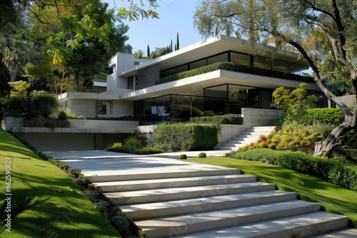 House Los Angeles. Modern Suburban Home Design with Expansive Landscaped Driveway © Web