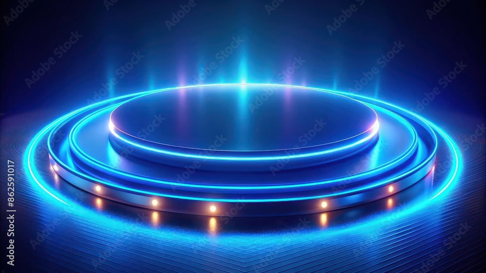 Abstract blue circular surface with neon lights, High-tech, elegant, dark, futuristic, technology, modern, glowing Abstract blue circular surface with neon lights, High-tech, elegant, dark, futuristic, technology, modern, glowing