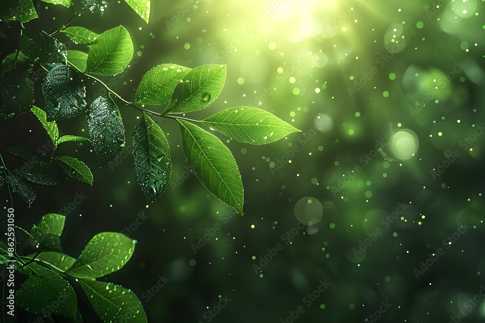 Sunlit Green Leaves with Dew Drops in a Serene Natural Setting - Perfect for Nature Posters and Eco-Themed Designs Sunlit Green Leaves with Dew Drops in a Serene Natural Setting - Perfect for Nature Posters and Eco-Themed Designs