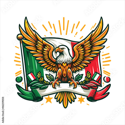 Mexican flag with bold red, white, and green hues, eagle holding snake, and cactus. Vector pennant with 3d papercut effect exudes the rich cultural heritage and spirit of Mexico