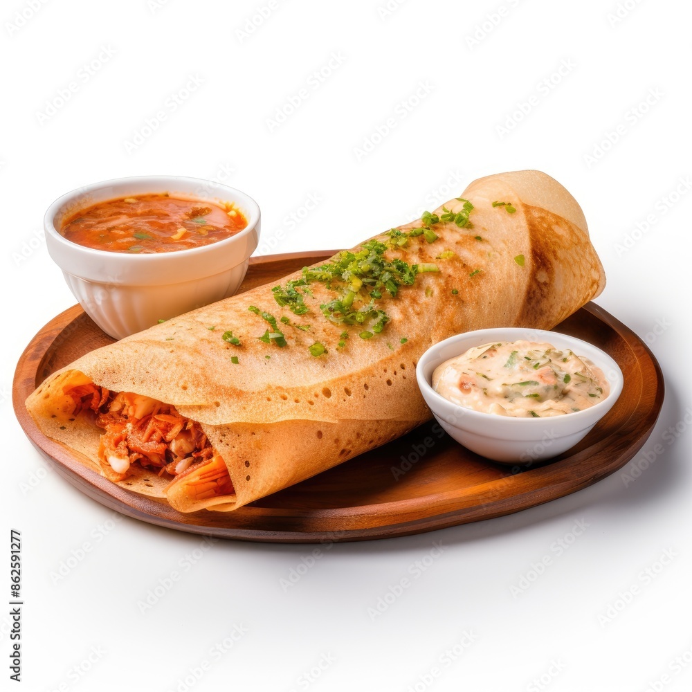 Delicious South Indian Masala Dosa with Chutneys on Wooden Plate Delicious South Indian Masala Dosa with Chutneys on Wooden Plate
