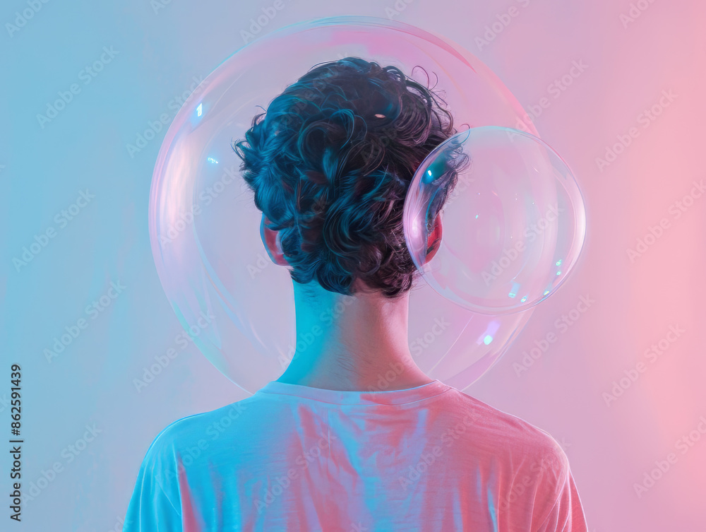 Back of a person who's head is in huge soap bubble, isolating them from outside world.. Modern isolation, beliefs, social media, mental health concept, with copy space Back of a person who's head is in huge soap bubble, isolating them from outside world.. Modern isolation, beliefs, social media, mental health concept, with copy space