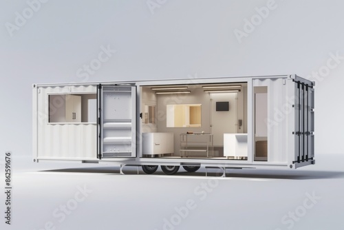Shipping Container Building. Three-Dimensional Render of Mobile Clinic in White Background © Serhii