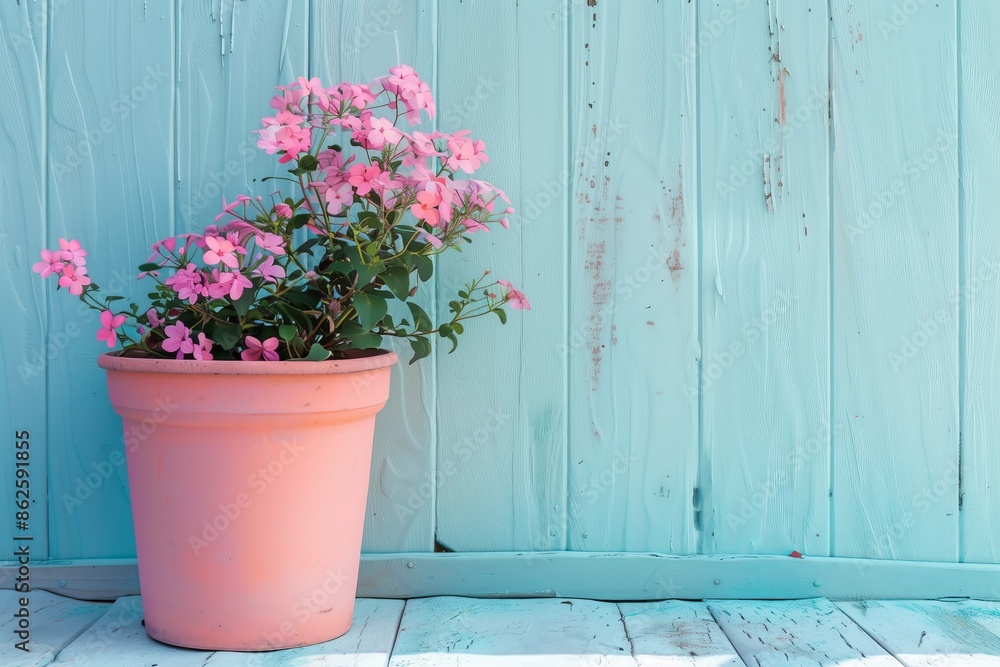 Fototapeta premium A pink flower pot with pink flowers sits on a wooden floor