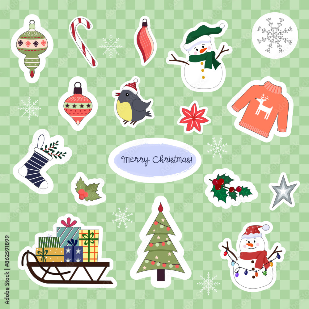 Set of stickers. Christmas and New Year. Snowmen and Christmas tree, birds and balls, elements for home decor. Sweater and socks. Vector illustration Set of stickers. Christmas and New Year. Snowmen and Christmas tree, birds and balls, elements for home decor. Sweater and socks. Vector illustration