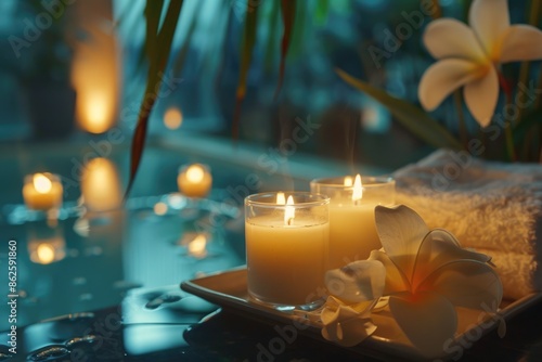 Spa Empty. Candle and Aromatherapy Treatment for Relaxation and Skincare in Luxury Wellness Room