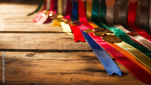 A wooden table with several award ribbons laid out for an upcoming competition under bright lighting.