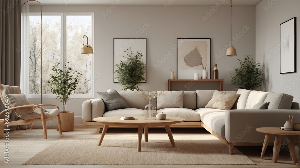 Fototapeta premium Scandinavian style living room with simple decoration, illustrations