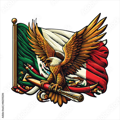 Mexican flag with bold red, white, and green hues, eagle holding snake, and cactus. Vector pennant with 3d papercut effect exudes the rich cultural heritage and spirit of Mexico