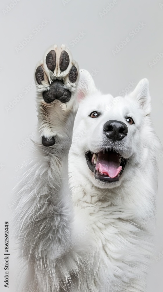 Dog waving paw close-up, white background. Canine greeting concept Dog waving paw close-up, white background. Canine greeting concept