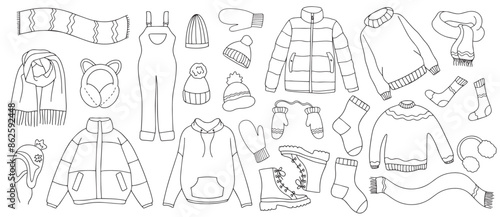 Warm autumn-winter clothes. Vector collection of autumn-winter clothes. Vector sketch icon isolated on white. Seasonal design elements. Vector illustration