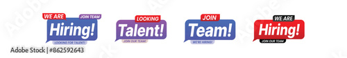 Hiring vacancy job offer info label template. We are hiring, join to our team, looking for talent help wanted advertising badge set vector illustration isolated on white background.
