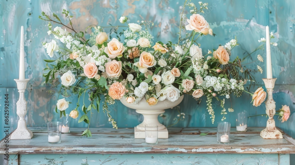 Fototapeta premium A vase of flowers sits on a table with candles and a blue wall behind it. Generate AI image