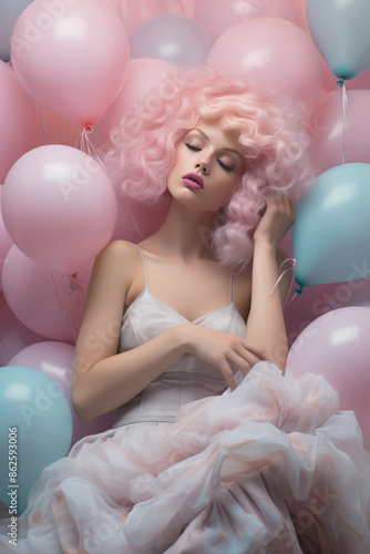 Young woman  sleeping on colorful balloons. Feminine, dreamlike background, peace and mental health