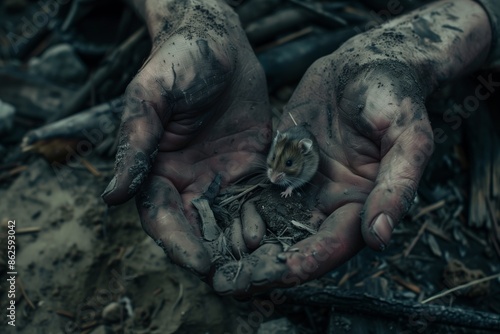 A person is holding a small mouse in their dirty hands © Kaplitskaya Love