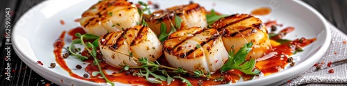 close up on a plate of grilled scallops. Selective focus