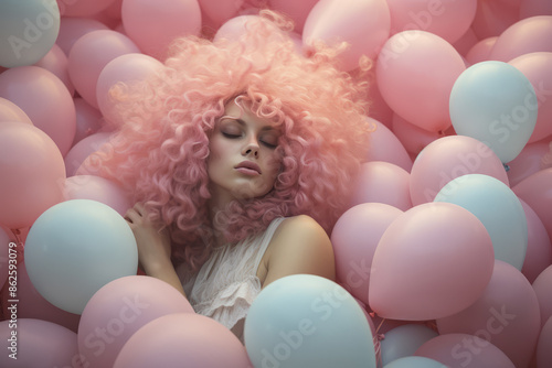 Young woman  sleeping on colorful balloons. Feminine, dreamlike background, peace and mental health