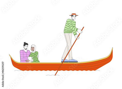 Venice gondolier rowing gondola with mixed race couple 2D linear cartoon characters. Italy travellers isolated line vector people white background. Honeymoon tourists color flat spot illustration