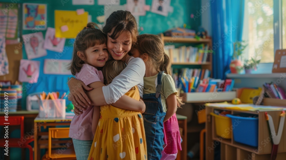 A teacher hugging children A teacher hugging children