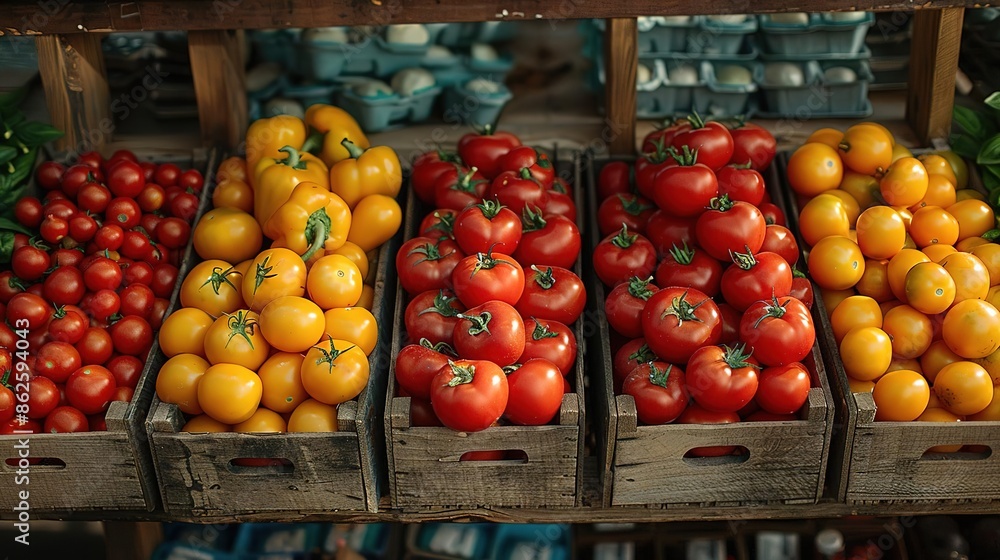 Top-down view of organic produce at a farm stand, vibrant colors, natural light, rustic and fresh Top-down view of organic produce at a farm stand, vibrant colors, natural light, rustic and fresh