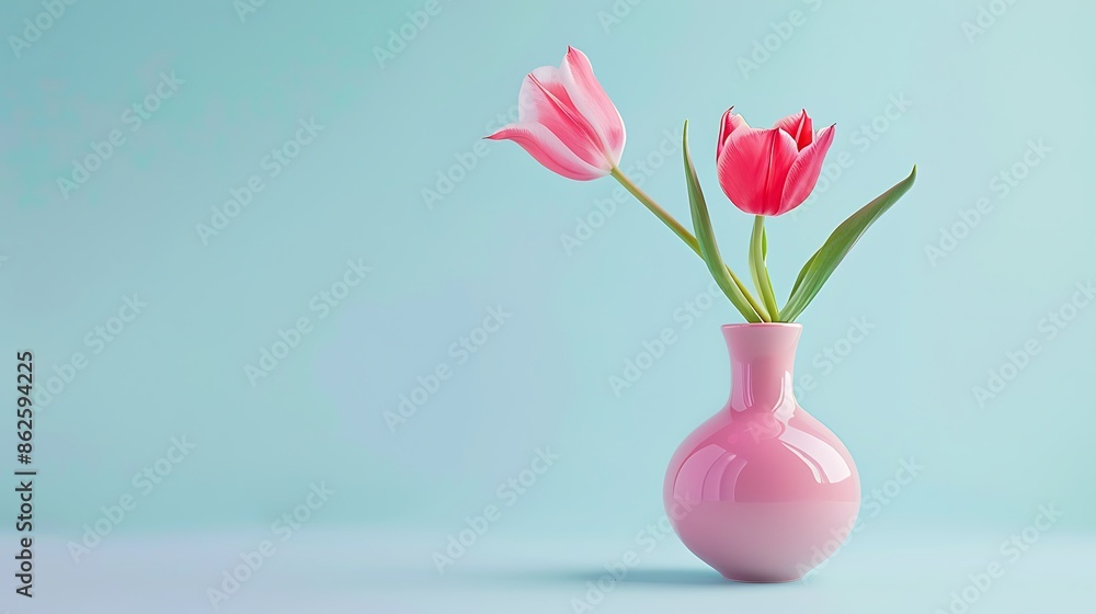 Tulip flower in a pastel pink vase on a light blue background Tulip flower in a pastel pink vase on a light blue background