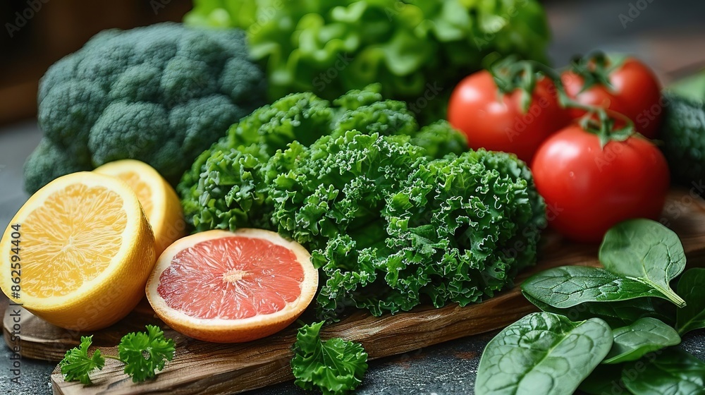 Close-up of spinach, kale, and fruit on a wooden board, bright daylight, crisp and healthy Close-up of spinach, kale, and fruit on a wooden board, bright daylight, crisp and healthy